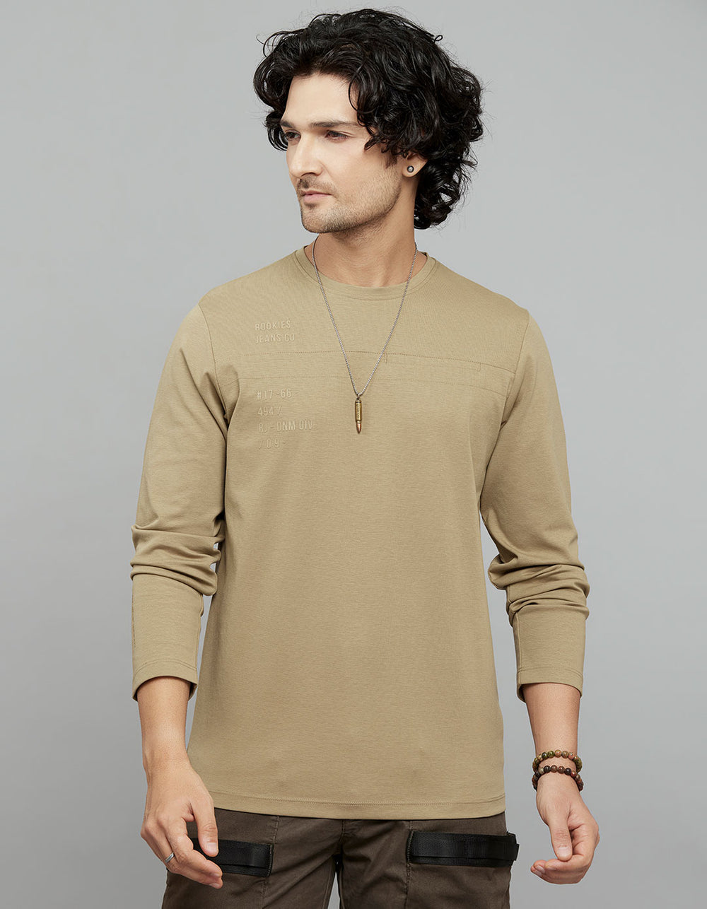 Khaki Full Sleeves Round Neck Tee