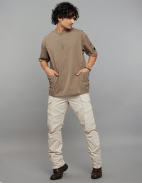 Khaki Half Sleeves Round Neck Oversized Tee
