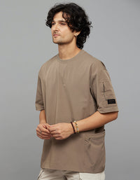 Khaki Half Sleeves Round Neck Oversized Tee