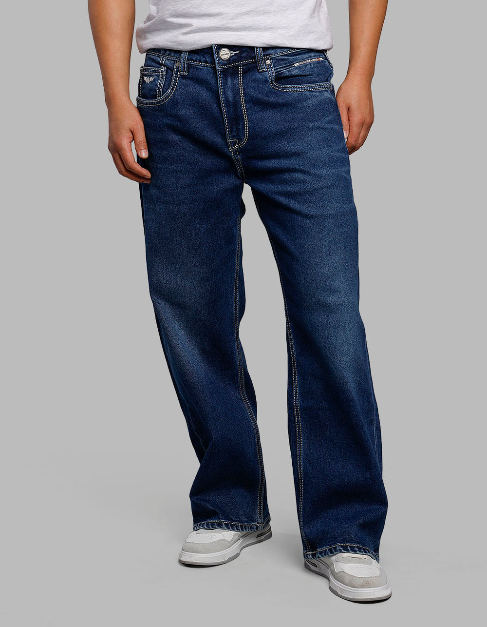 Medium Blue Midrise Loose Fit Stretch Jeans