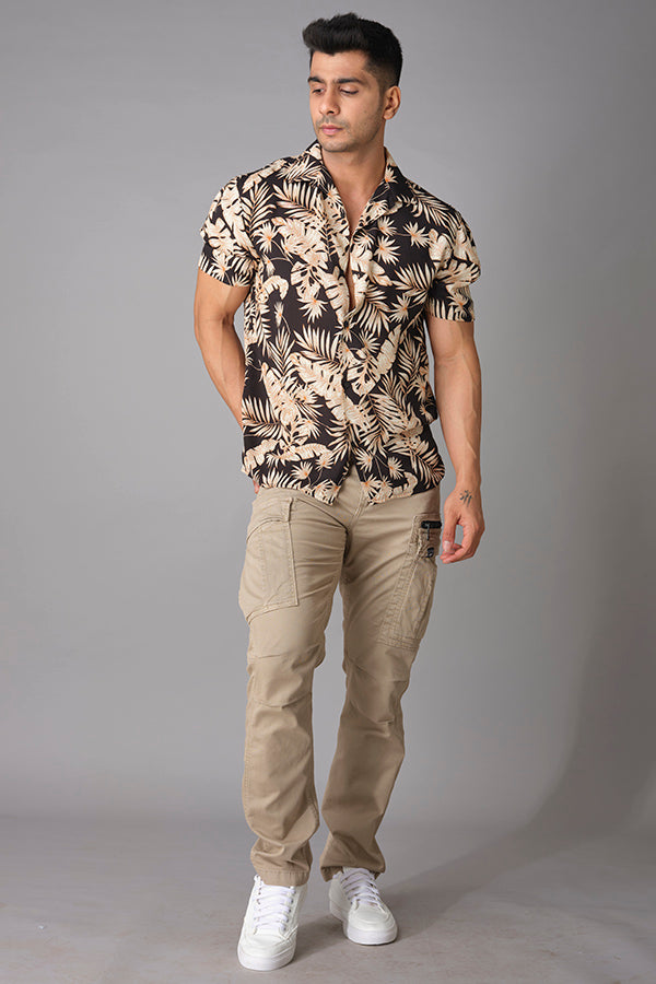 Black Khaki Half Sleeve Printed Shirt