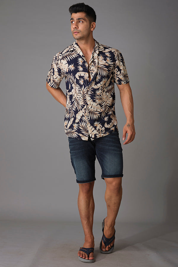 Navy Khaki Half Sleeve Printed Shirt