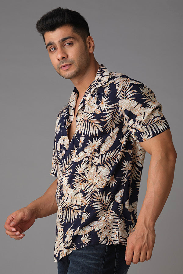 Navy Khaki Half Sleeve Printed Shirt