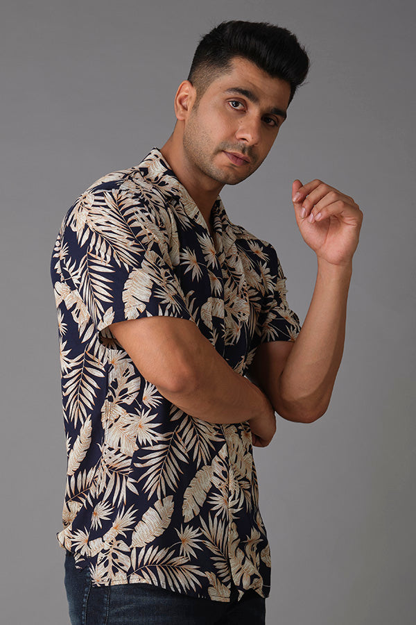 Navy Khaki Half Sleeve Printed Shirt