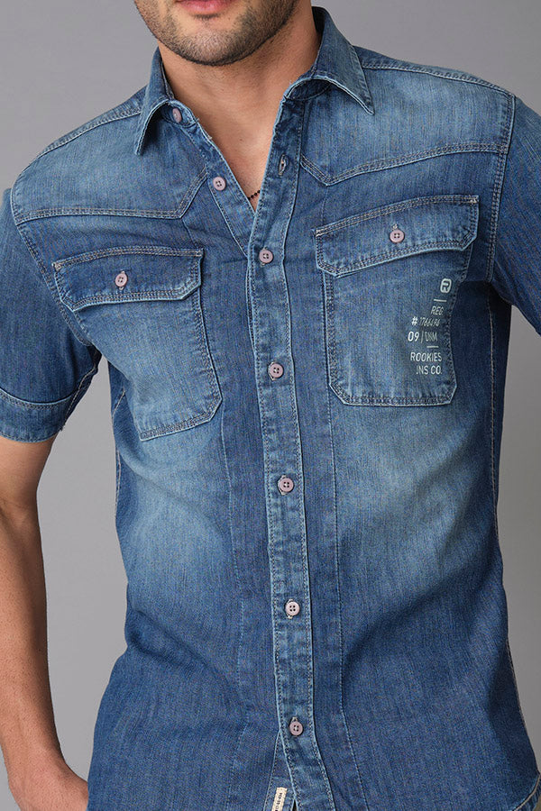 Med Blue Half Sleeve Denim Shirt