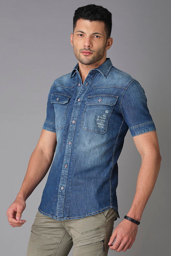 Med Blue Half Sleeve Denim Shirt