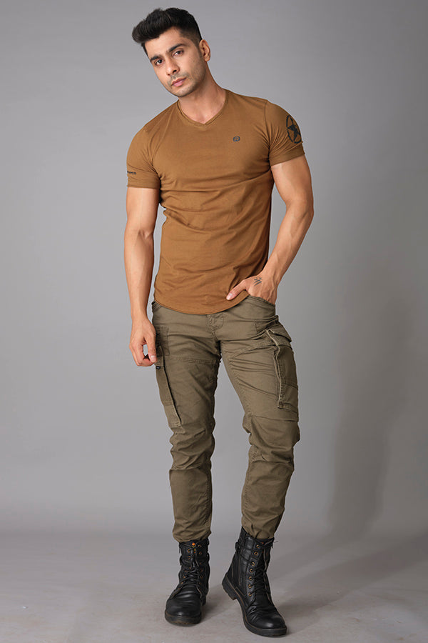 Beige Half Sleeve V Neck Tee (V Neck H/Slv Slim)