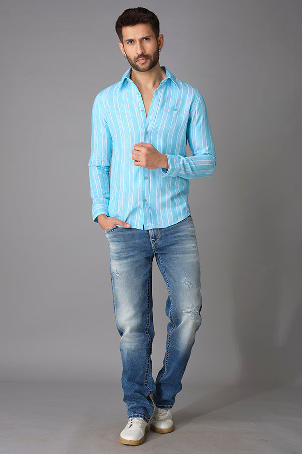 Sky Blue Full Sleeve Stripe Shirt (Zack F/Slv Fit)