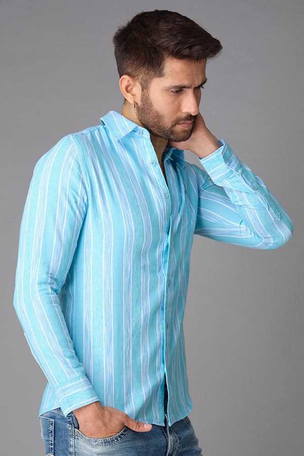 Sky Blue Full Sleeve Stripe Shirt (Zack F/Slv Fit)