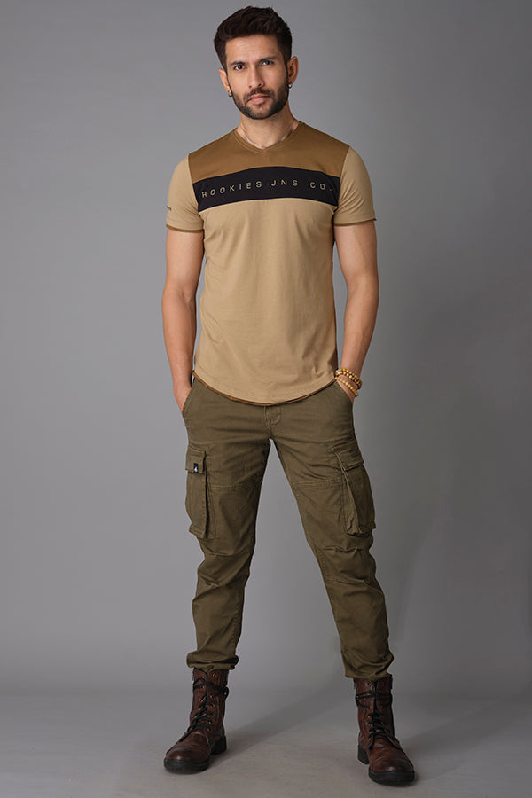 Khaki Black Half Sleeve V Neck Tee (V Neck H/Slv Slim)