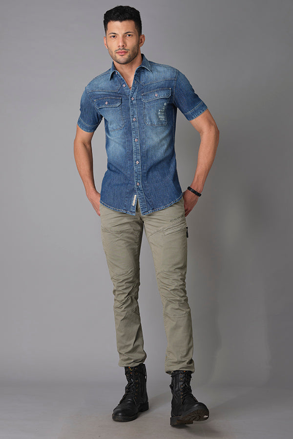 Med Blue Half Sleeve Denim Shirt (Axel H/Slv Fit)