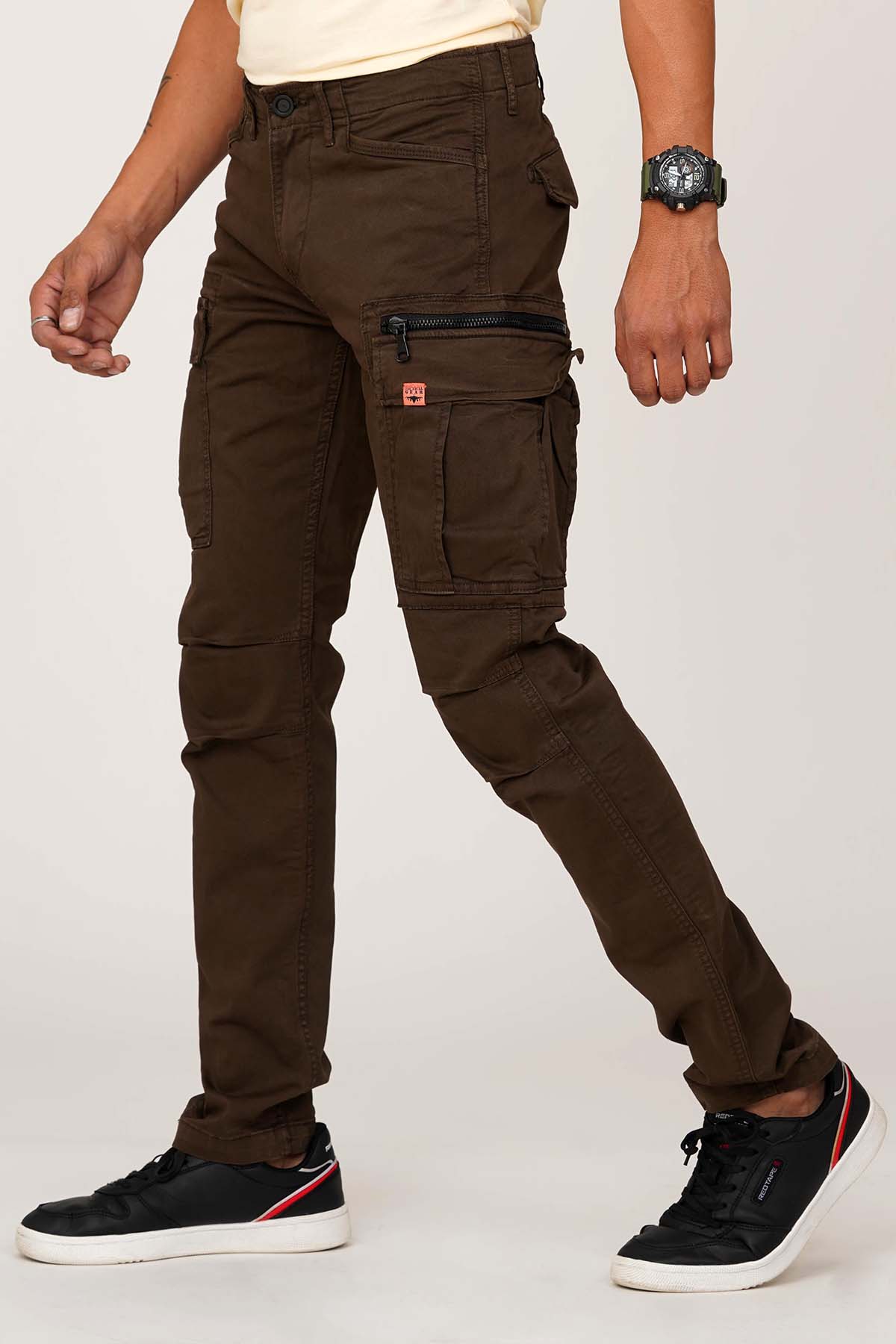 COFFEE BROWN COTTON SOLID CARGO PANT – ROOKIES