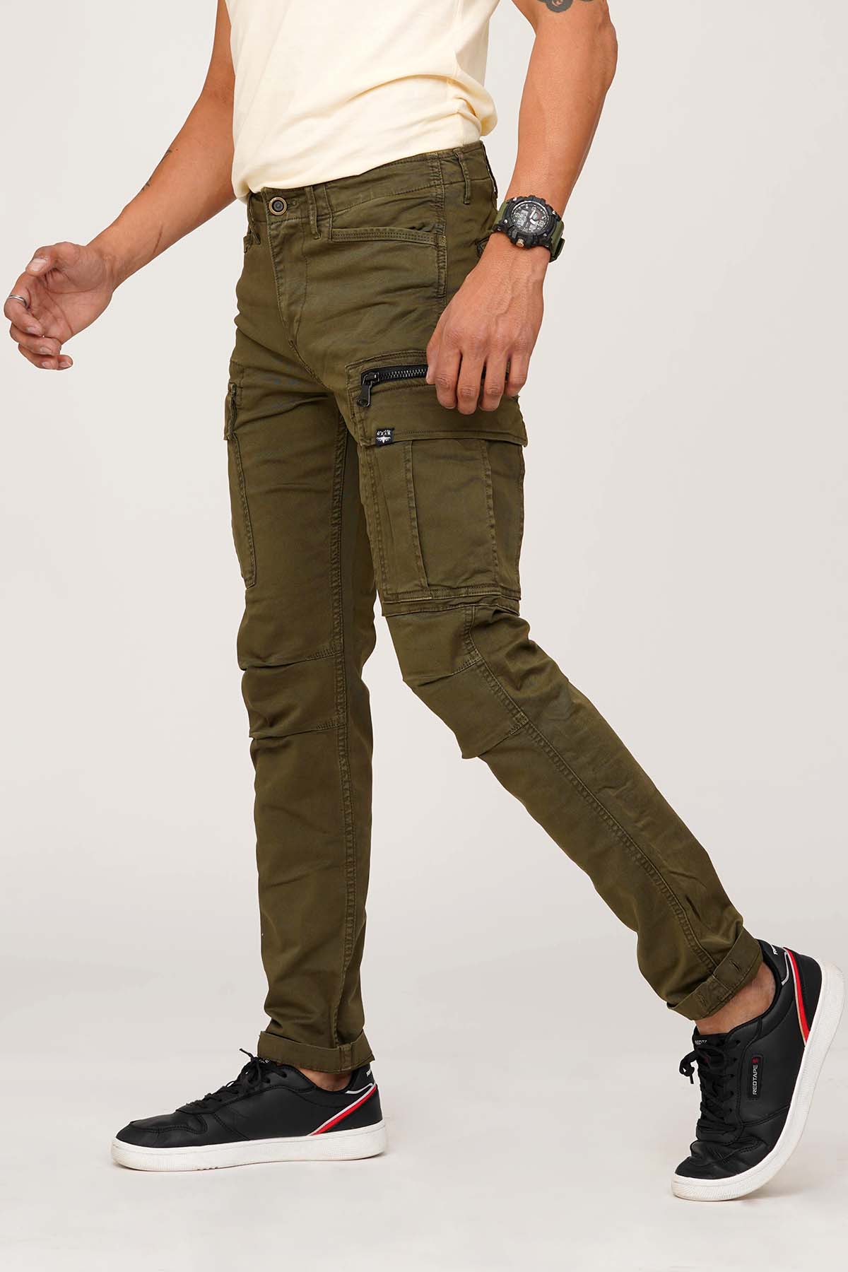 The Pant Project Green Camouflage Six Pocket Cotton Lycra Stylish Cargo Pant  for Men, Regular Slim Fit, Stretchable Cargos with 6 Pockets