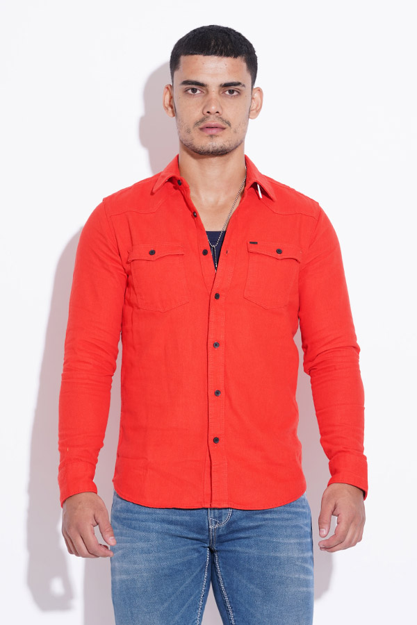 RED FULL SLEEVE COTTON CASUAL SHACKET SHIRT
