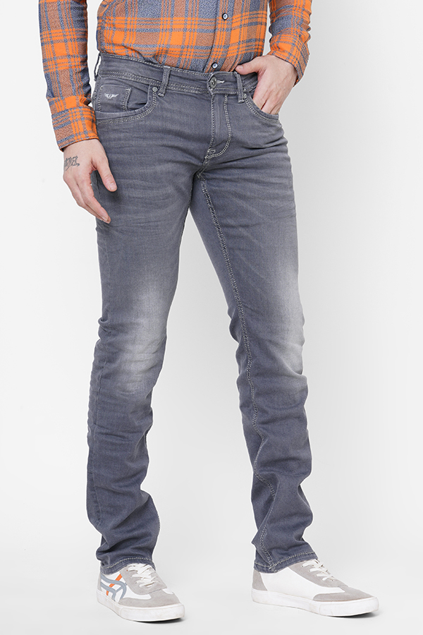 GREY 5 POCKET MID-RISE NARROW FIT JEANS
