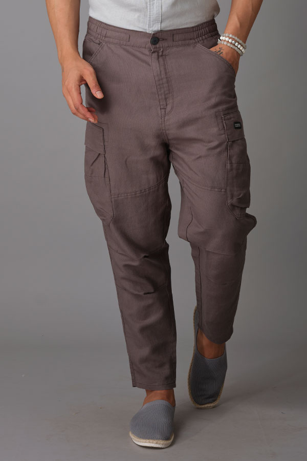 CHARCOAL LINEN CARGO PANT (RELAXED TAPERED FIT)