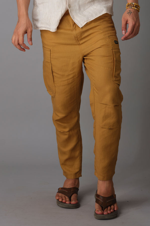 DK KHAKI LINEN CARGO PANT (RELAXED TAPERED FIT)