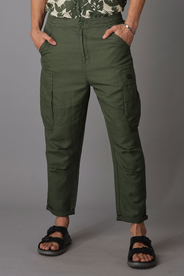 MILITARY GREEN LINEN CARGO PANT (RELAXED TAPERED FIT)