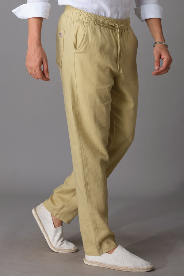 Beige Slim Fit Pinstripe Linen Pants for Men by GentWith  Worldwide  Shipping
