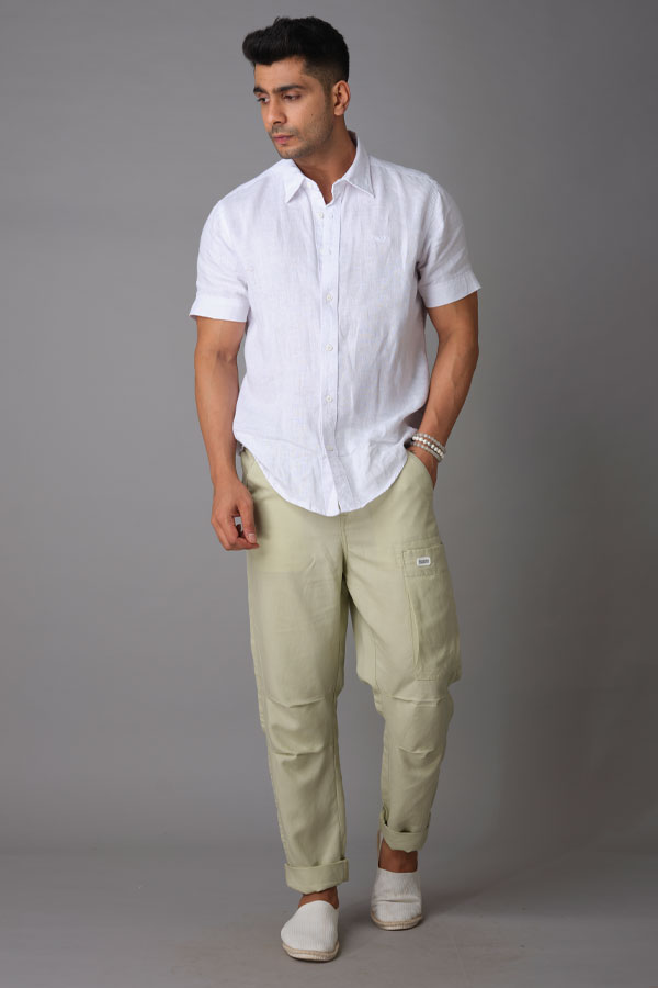 Mens summer outfit with brown silver plain sunglasses white plain shirt  olive green plain cargo pants white lowcut sneakers  OTOKOMAE