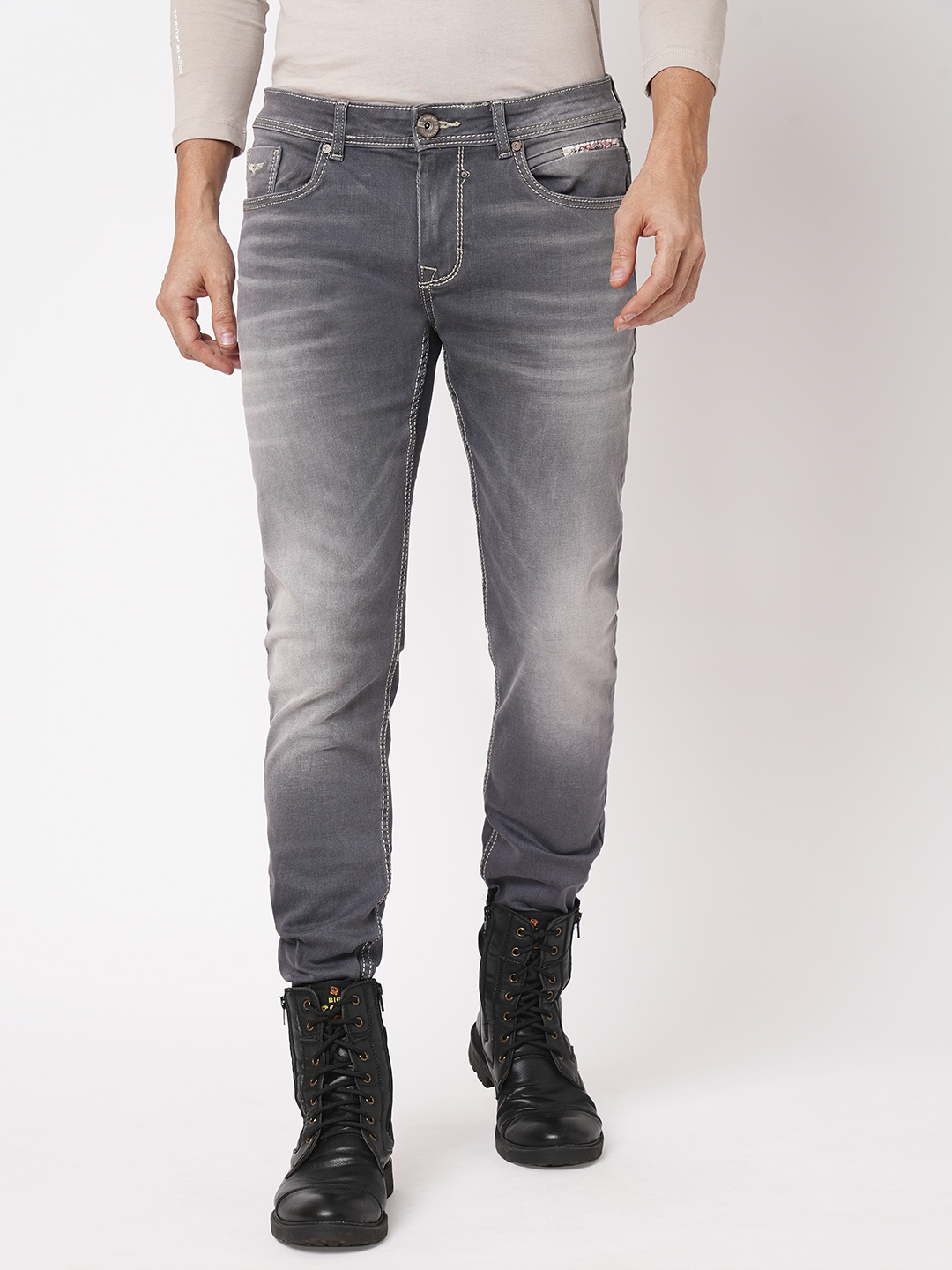 GREY 5 POCKET MID-RISE NARROW TAPERED FIT JEANS (BILLY FIT)