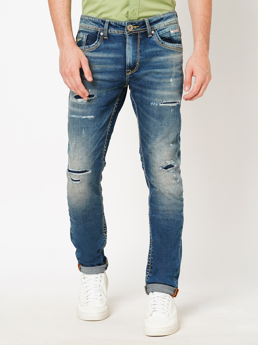 MED BLUE 5 POCKET MID-RISE NARROW TAPERED FIT JEANS (BILLY FIT)