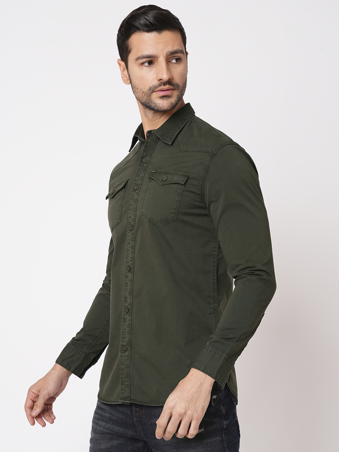 MILITARY GREEN FULL SLEEVE SOLID SHIRT (LEO F/SLV FIT)