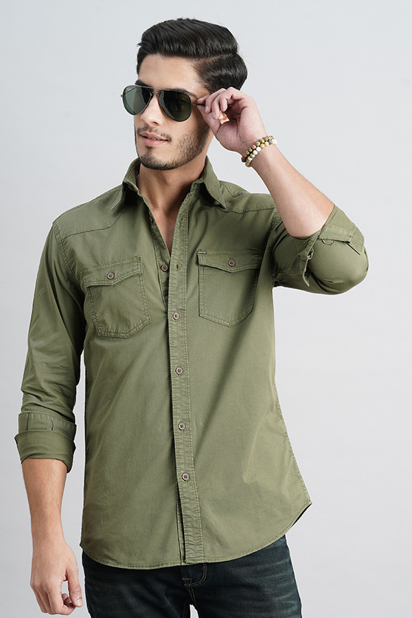 MILITARY GREEN FULL SLEEVE SOLID SHIRT (LEO F/SLV FIT)