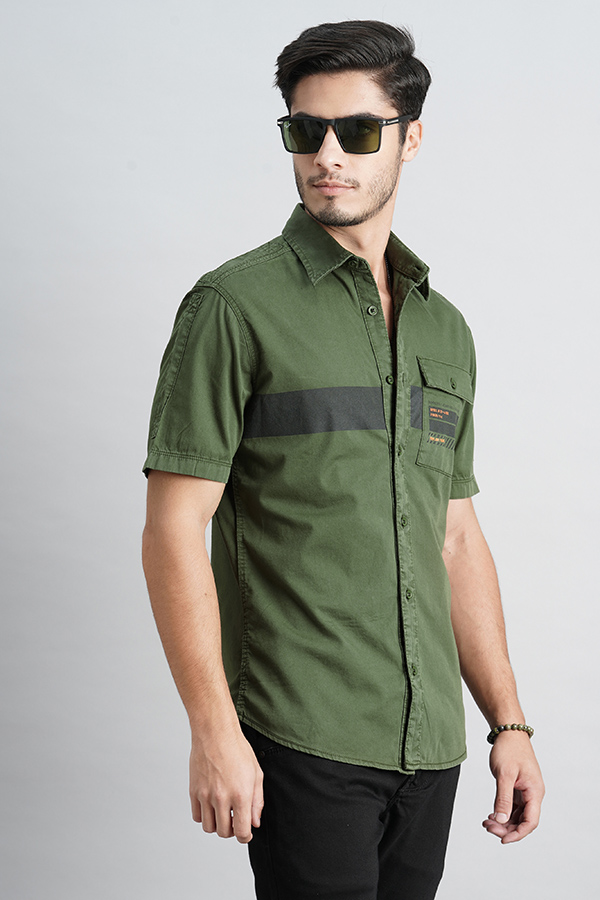 MILITARY GREEN HALF SLEEVE SOLID SHIRT (LEO H/SLV FIT)