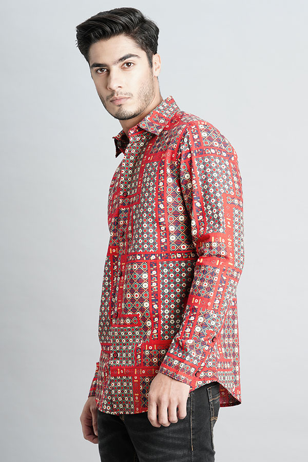 RED FULL SLEEVE PRINTED SHIRT (ZACK F/SLV FIT)
